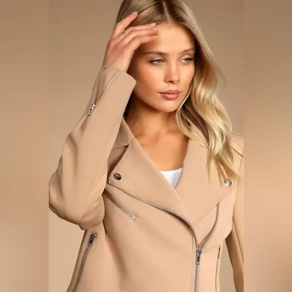 NWT Lulus Living On the Edge Taupe Moto Jacket | Small - Picture 2 of 8